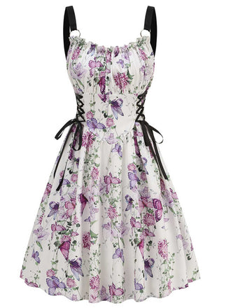 1950s Strap Floral Butterflies Lace-Up Corset Dress - vintage dress, retro fashion, rockabilly