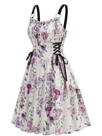 1950s Strap Floral Butterflies Lace-Up Corset Dress - vintage dress, retro fashion, rockabilly