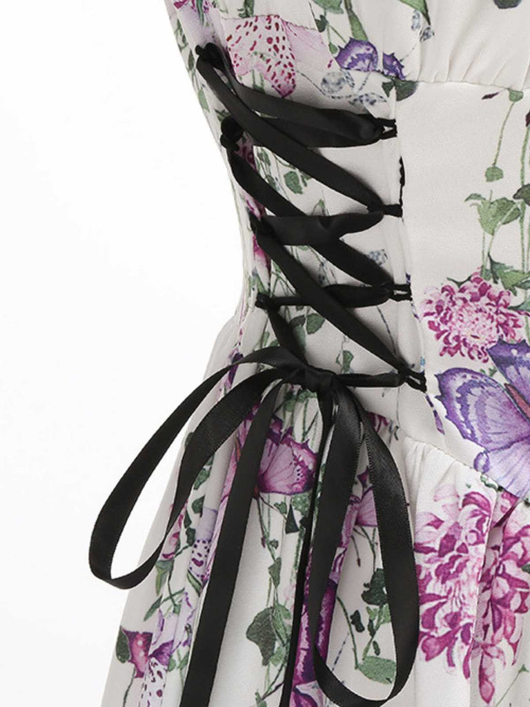 1950s Strap Floral Butterflies Lace-Up Corset Dress - vintage dress, retro fashion, rockabilly
