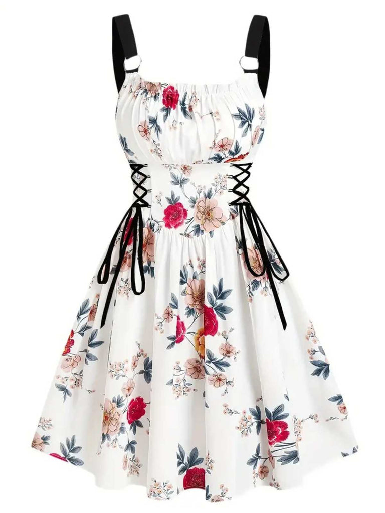 1950s Strap Floral Butterflies Lace-Up Corset Dress - vintage dress, retro fashion, rockabilly