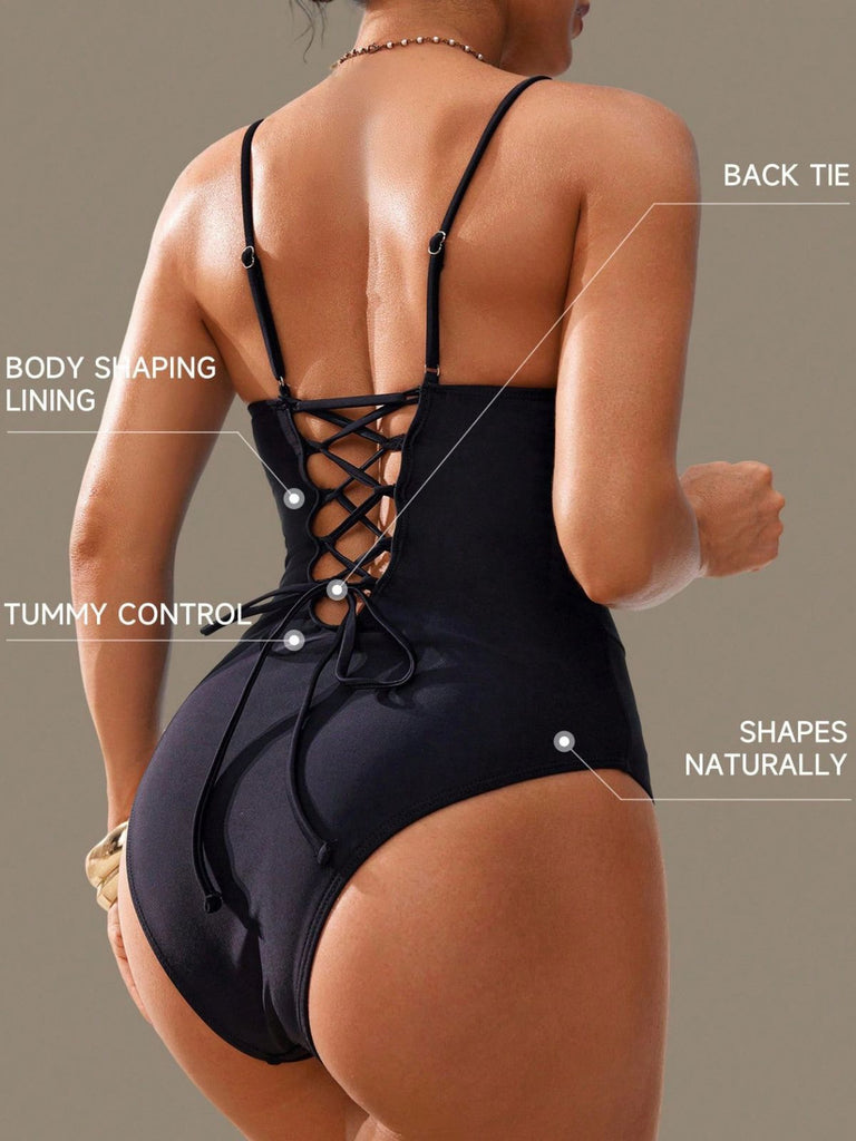 Black 1950s Solid Deep V Tummy Control One-Piece Swimsuit - vintage swimsuit, pin-up style, classic black