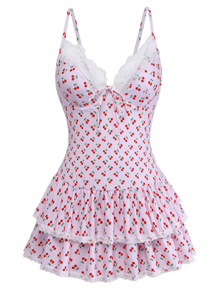 [Pre-Vendita] Costume da Bagno Intero Rosa Stampa Ciliegie con Bordo in Pizzo Anni '40 2