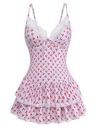 [Pre-Vendita] Costume da Bagno Intero Rosa Stampa Ciliegie con Bordo in Pizzo Anni '40 2