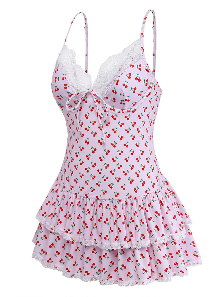 [Pre-Vendita] Costume da Bagno Intero Rosa Stampa Ciliegie con Bordo in Pizzo Anni '40 3