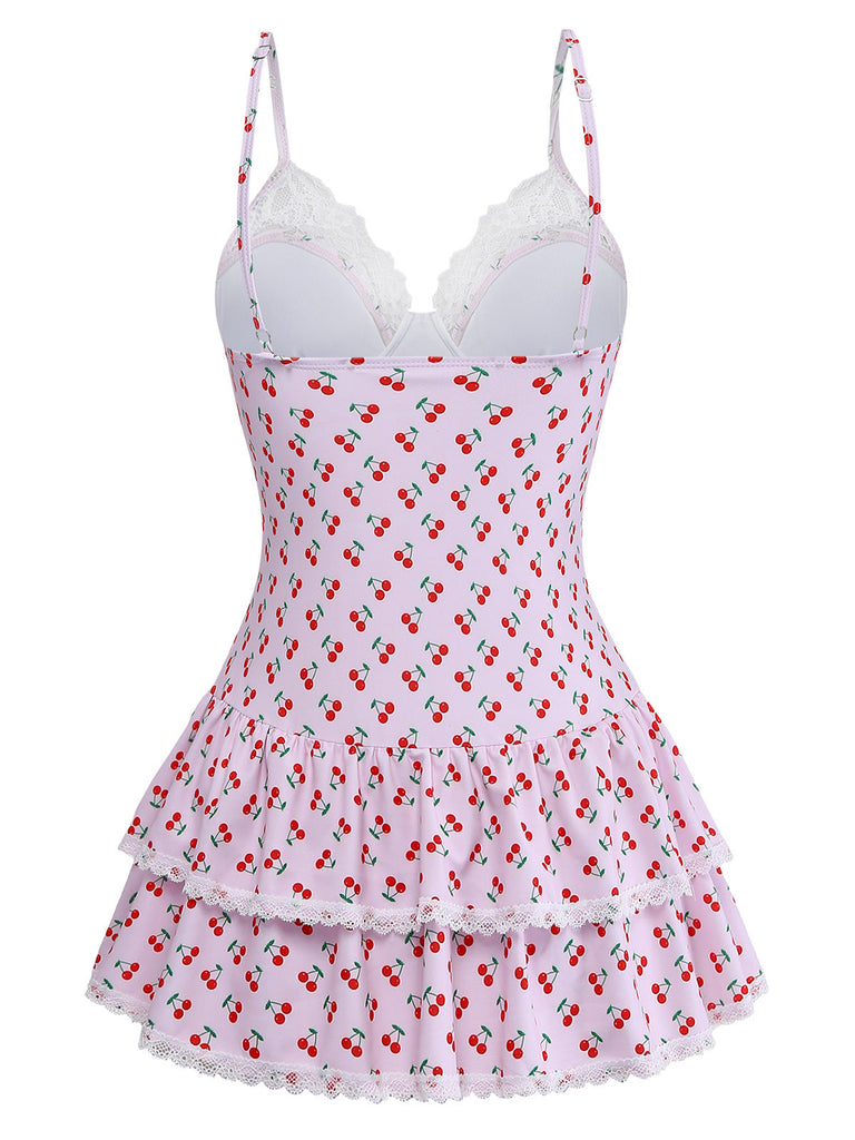 [Pre-Vendita] Costume da Bagno Intero Rosa Stampa Ciliegie con Bordo in Pizzo Anni '40 4