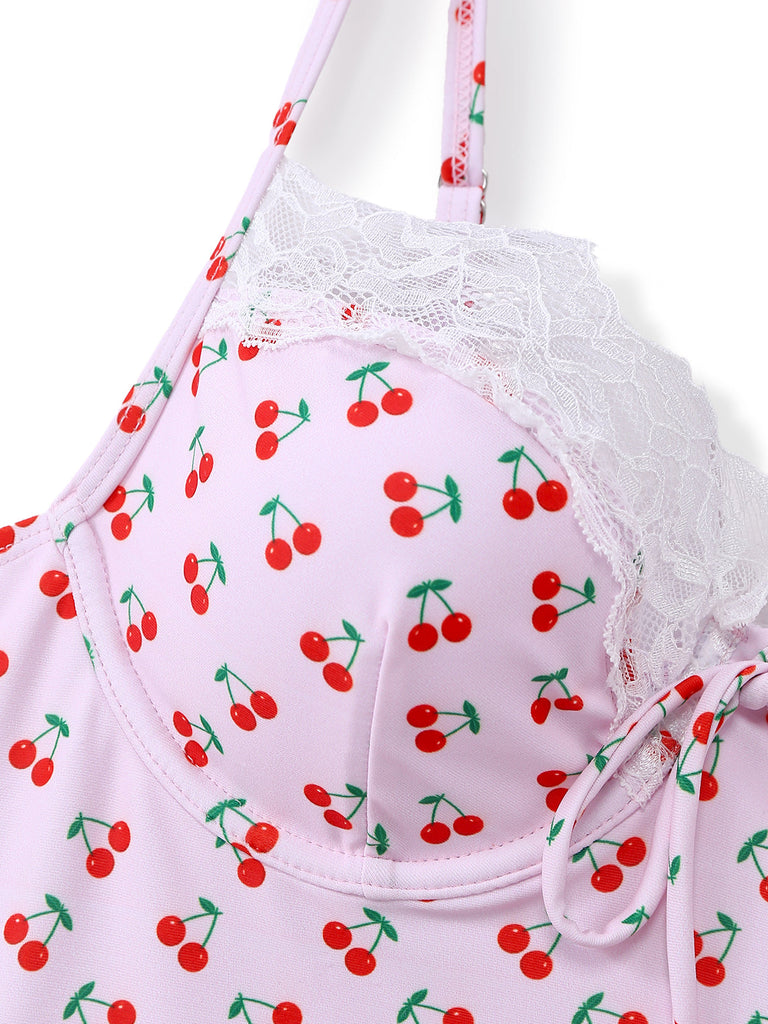 [Pre-Vendita] Costume da Bagno Intero Rosa Stampa Ciliegie con Bordo in Pizzo Anni '40 7