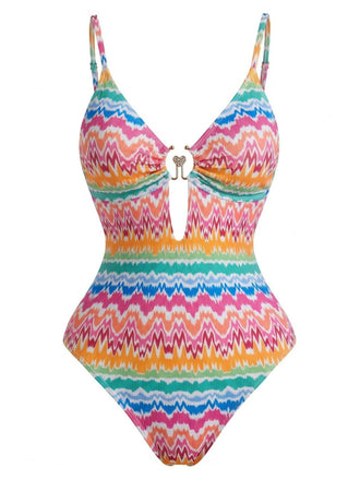 [Pre-Vendita] Costume Intero a Stampa Chevron con Anello a Cuore Multicolore Anni '50 2