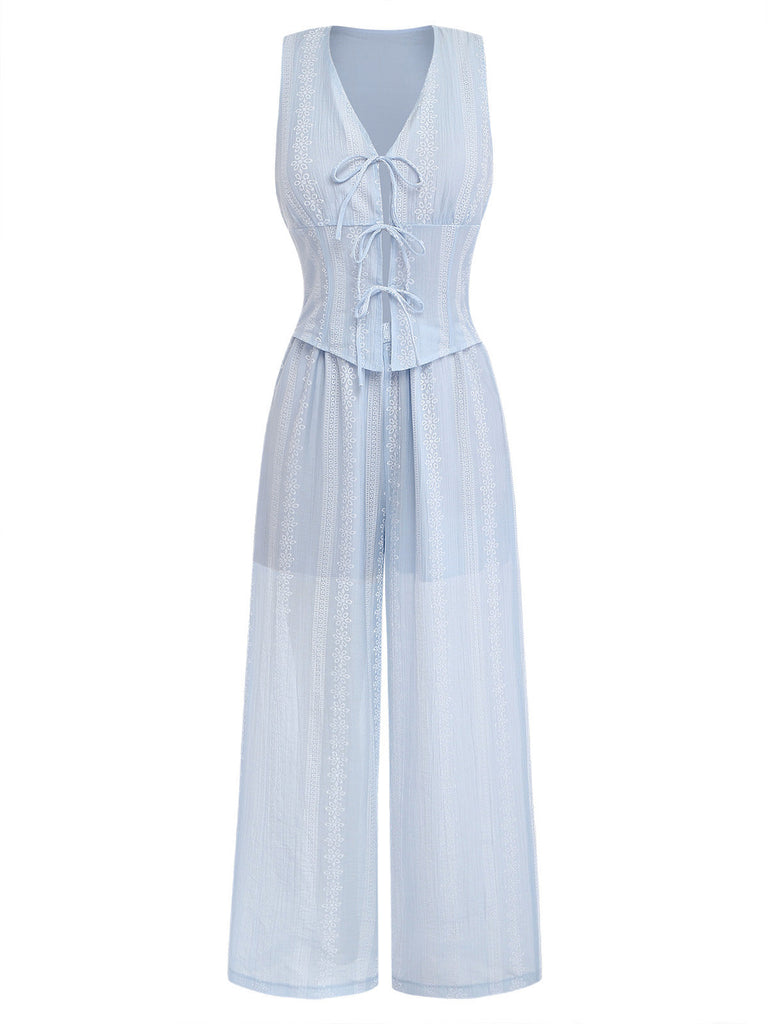 Set 2 Pezzi Senza Maniche Scollo a V Corsetto con Lacci e Pantaloni Anni '50 2