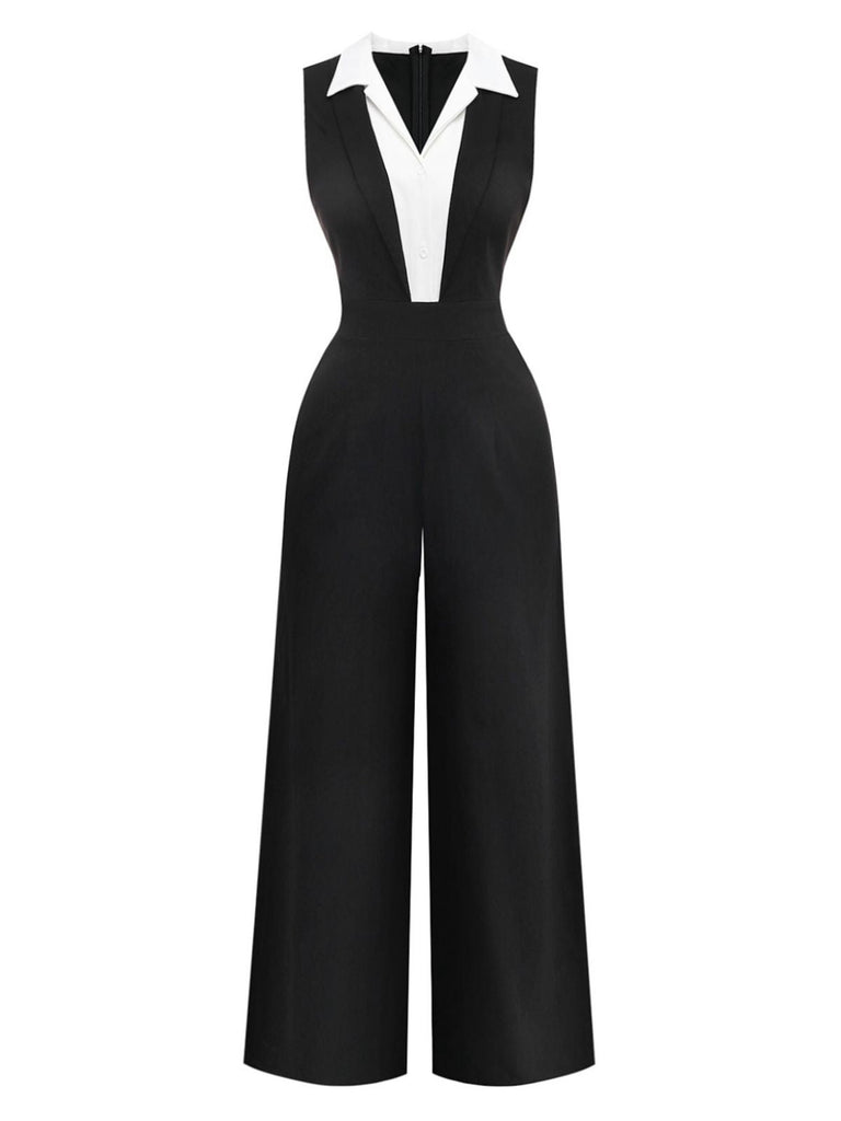 Black jumpsuit with white collar on a white background