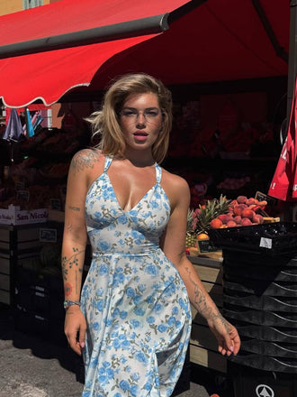 Abito scollo a V floreale blu anni '50