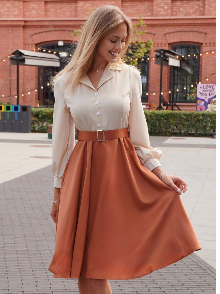Abito color block con maniche lunghe cachi anni '50