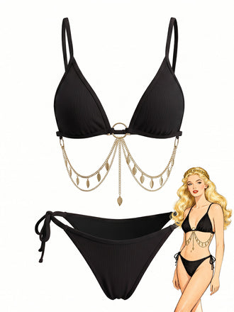 [Pre-Vendita] Set Bikini Triangolo Costolato con Catena Dorata Anni '60