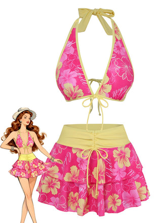 1960s Cherry Print Tie-Front Layered Bikini Set - vintage swimwear, retro beach style for women