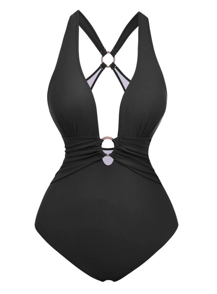 1960s Ruched Drawstring One Piece Swimsuit - vintage swimsuit, pin-up style