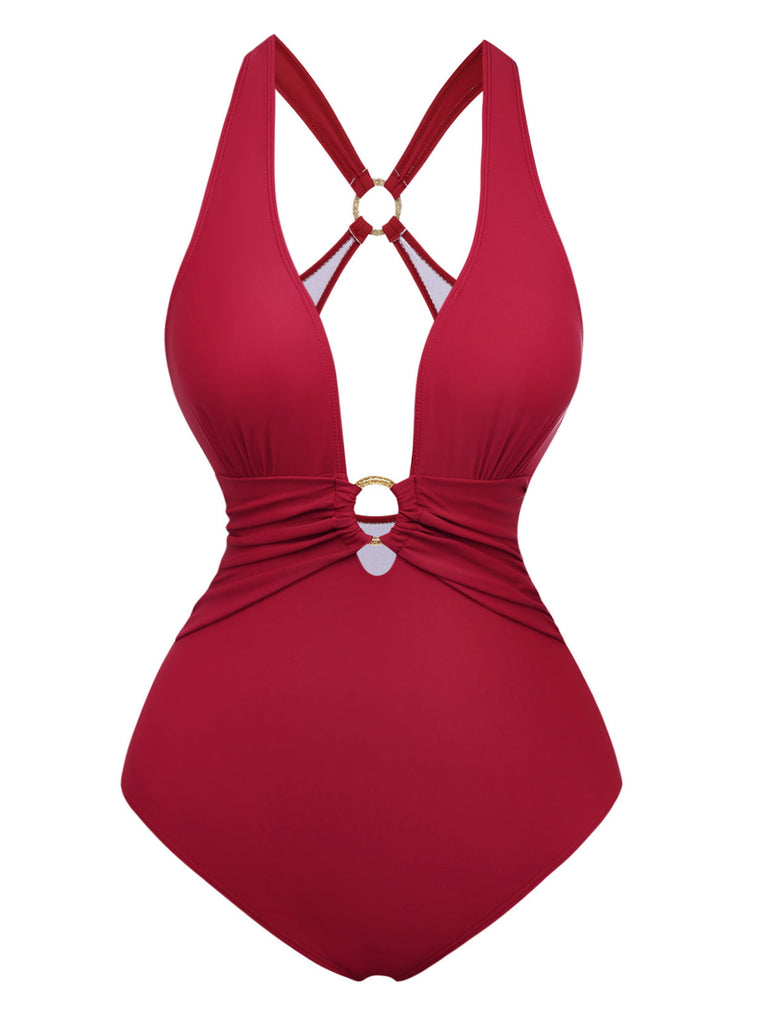 1960s Ruched Drawstring One Piece Swimsuit - vintage swimsuit, pin-up style