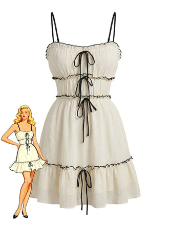 Mini Abito Bianco con Texture e Volant con Spalline Sottili Anni '60