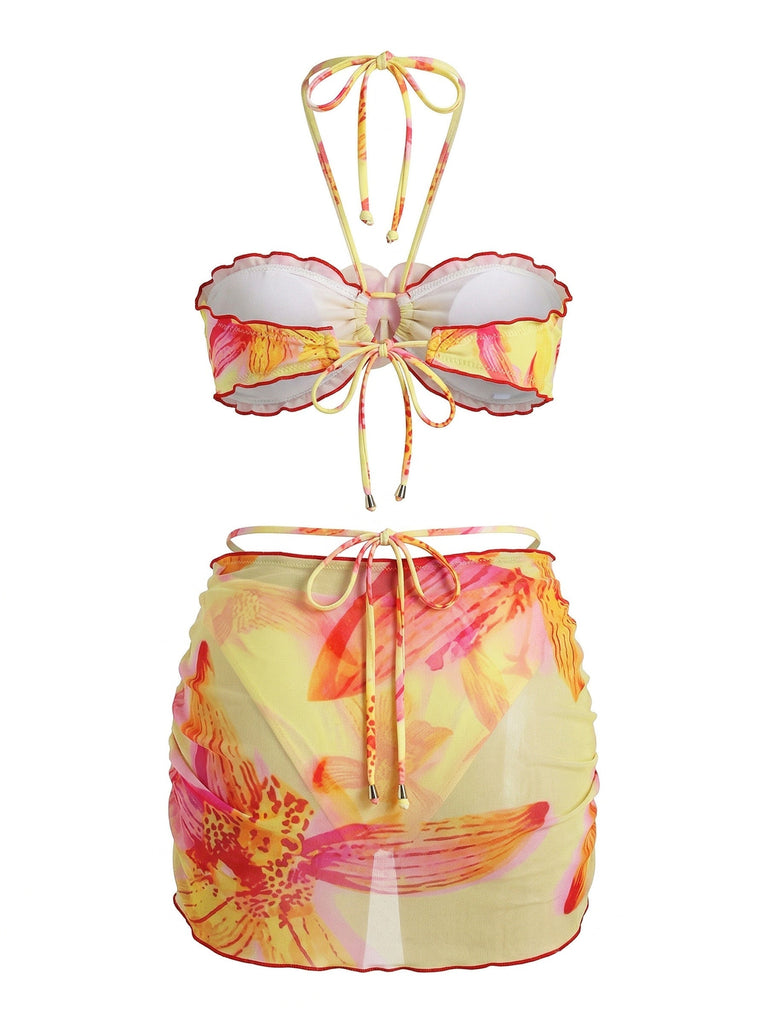 2PCS Set Bikini Floreale Halter e Copricostume Aderente Anni '60 4