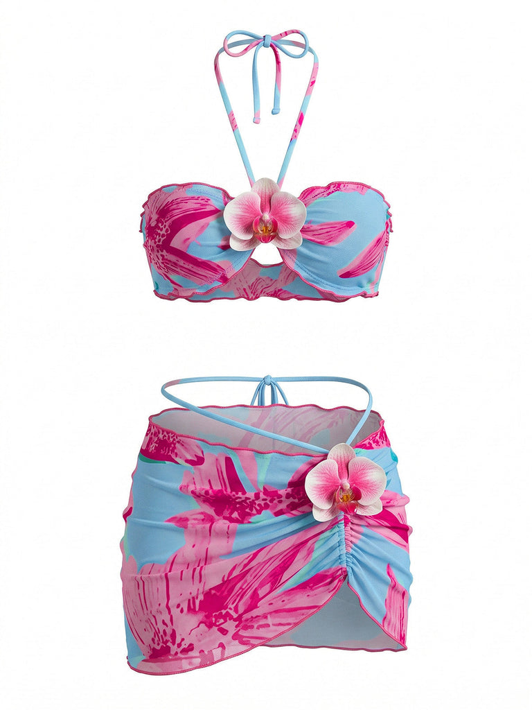 2PCS Set Bikini Floreale Halter e Copricostume Aderente Anni '60 6