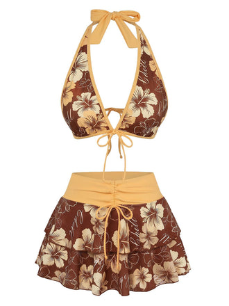 Set Bikini Marrone Anni '60 Multistrato con Floreale