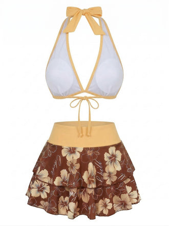 Set Bikini Marrone Anni '60 Multistrato con Floreale