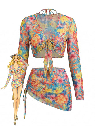 Set Bikini Floreale con Allacciatura al Collo & Copricostume in Rete a Maniche Lunghe Anni '60