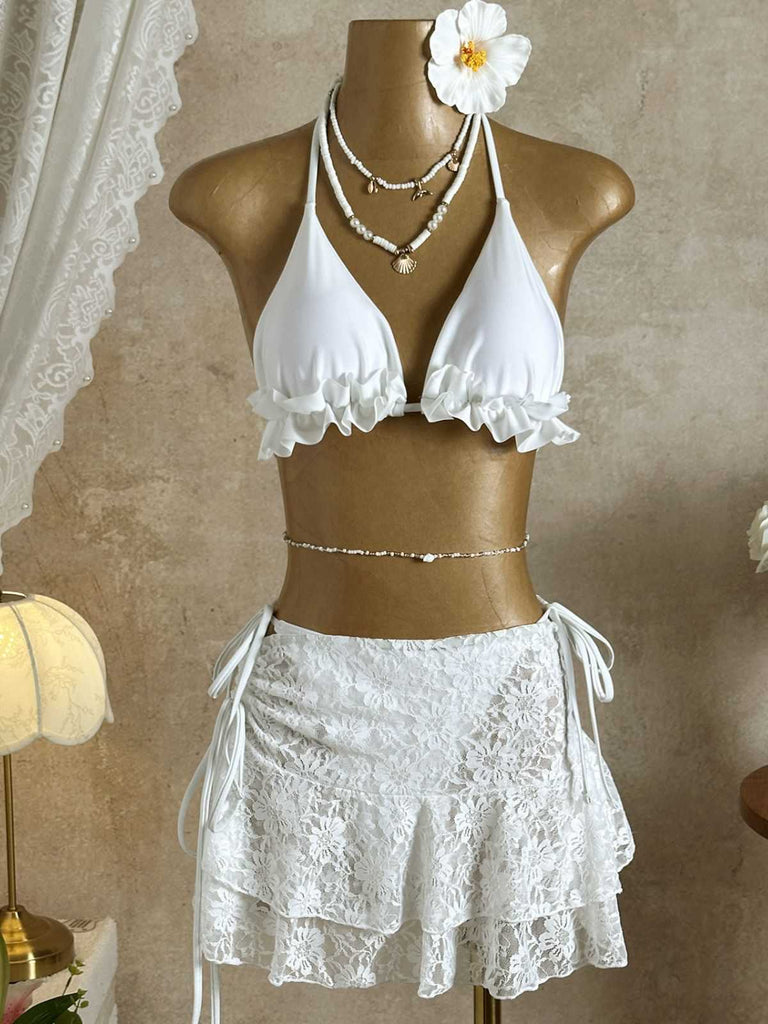 con Volant con Allacciatura al Collo Set Bikini & Floreale Pizzo Cover-Up Anni '60
