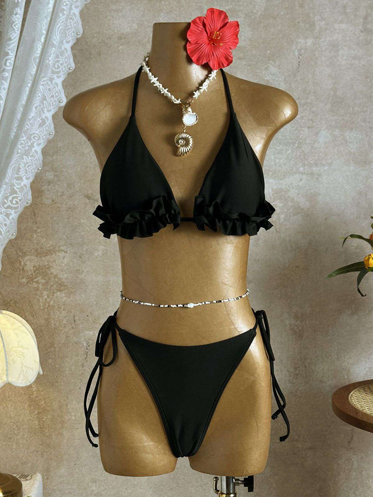 con Volant con Allacciatura al Collo Set Bikini & Floreale Pizzo Cover-Up Anni '60