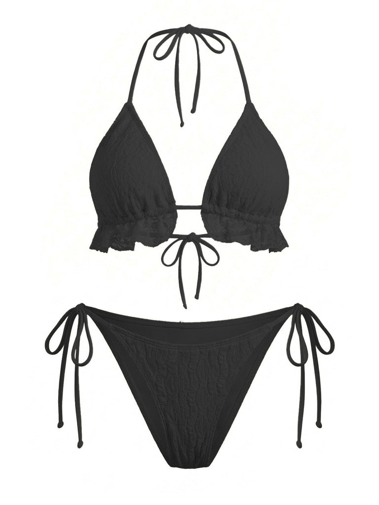 2PCS Set Bikini Tinta Unita Halter in Pizzo e Copricostume con Volant Anni '60 10