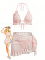 2PCS Set Bikini Anni '60 Tinta Unita in Pizzo e Copricostume con Volant