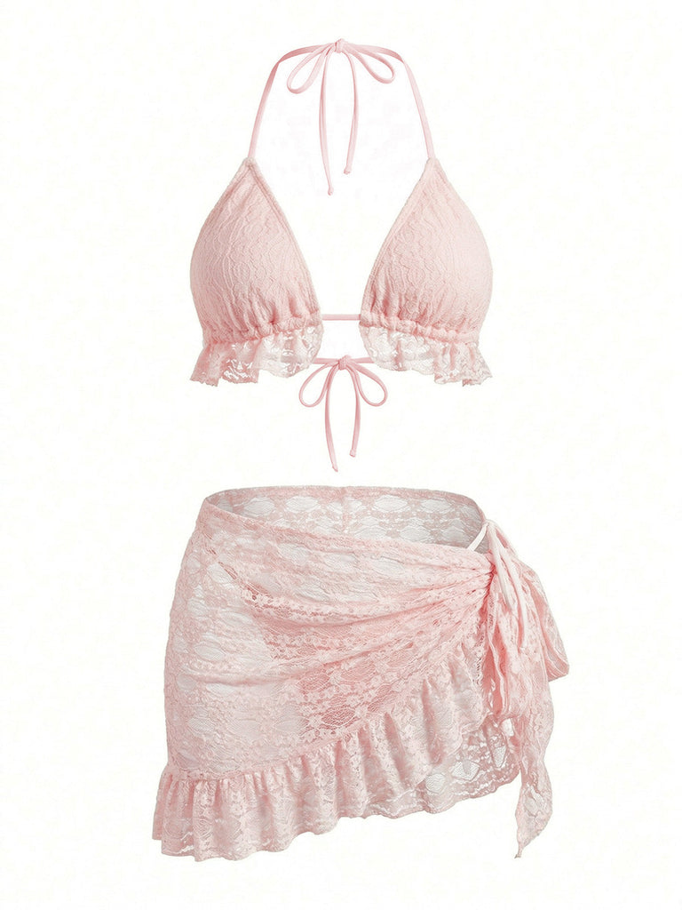 2PCS Set Bikini Tinta Unita Halter in Pizzo e Copricostume con Volant Anni '60 2