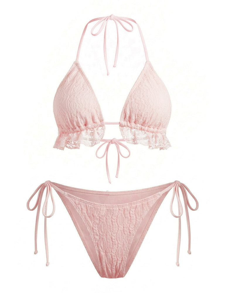 2PCS Set Bikini Tinta Unita Halter in Pizzo e Copricostume con Volant Anni '60 4