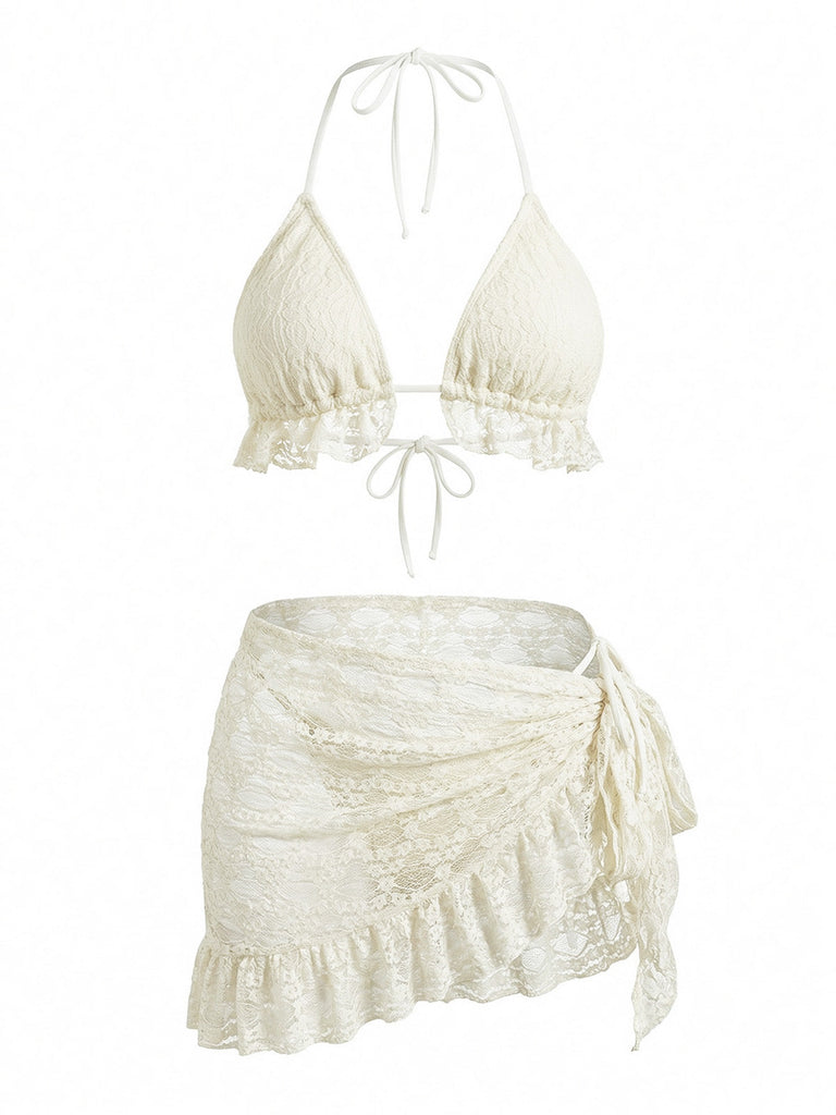 2PCS Set Bikini Tinta Unita Halter in Pizzo e Copricostume con Volant Anni '60 5