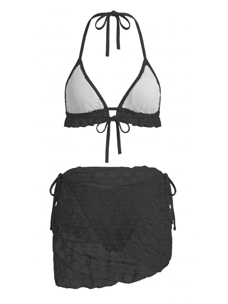 2PCS Set Bikini Tinta Unita Halter in Pizzo e Copricostume con Volant Anni '60 9