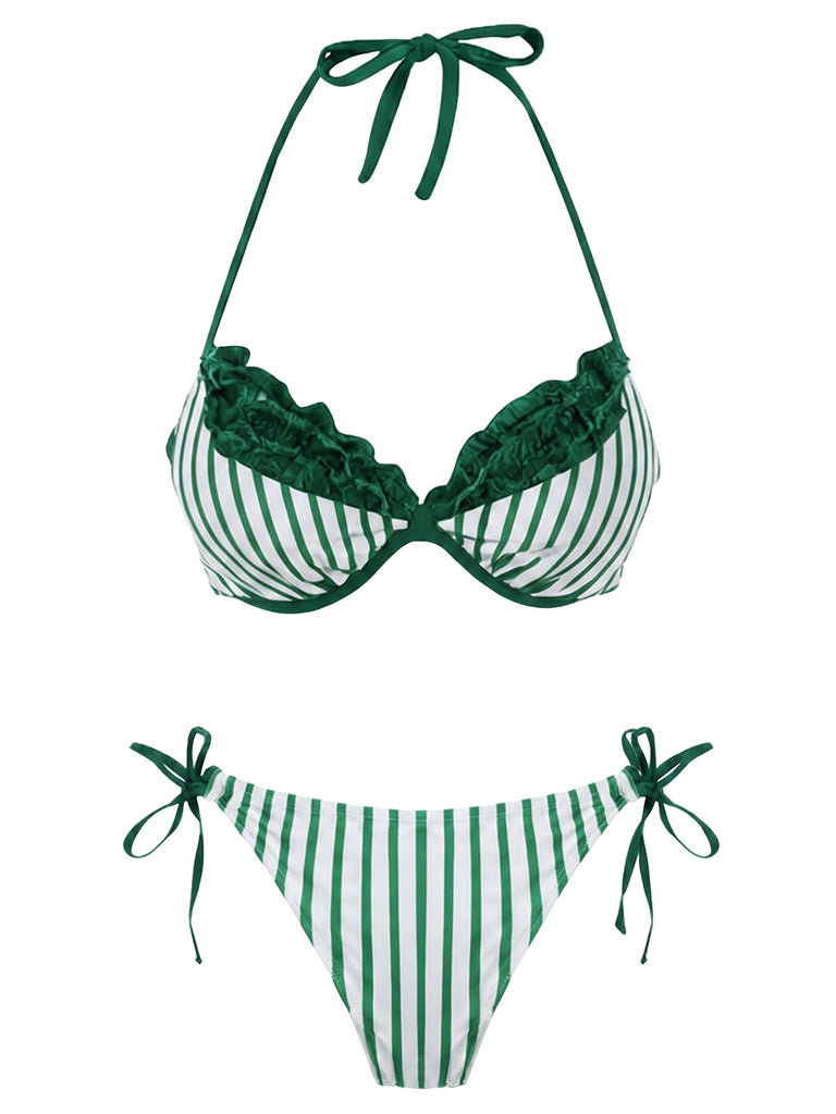 2PCS Bikini a righe e copricostume a balze grigio anni '60