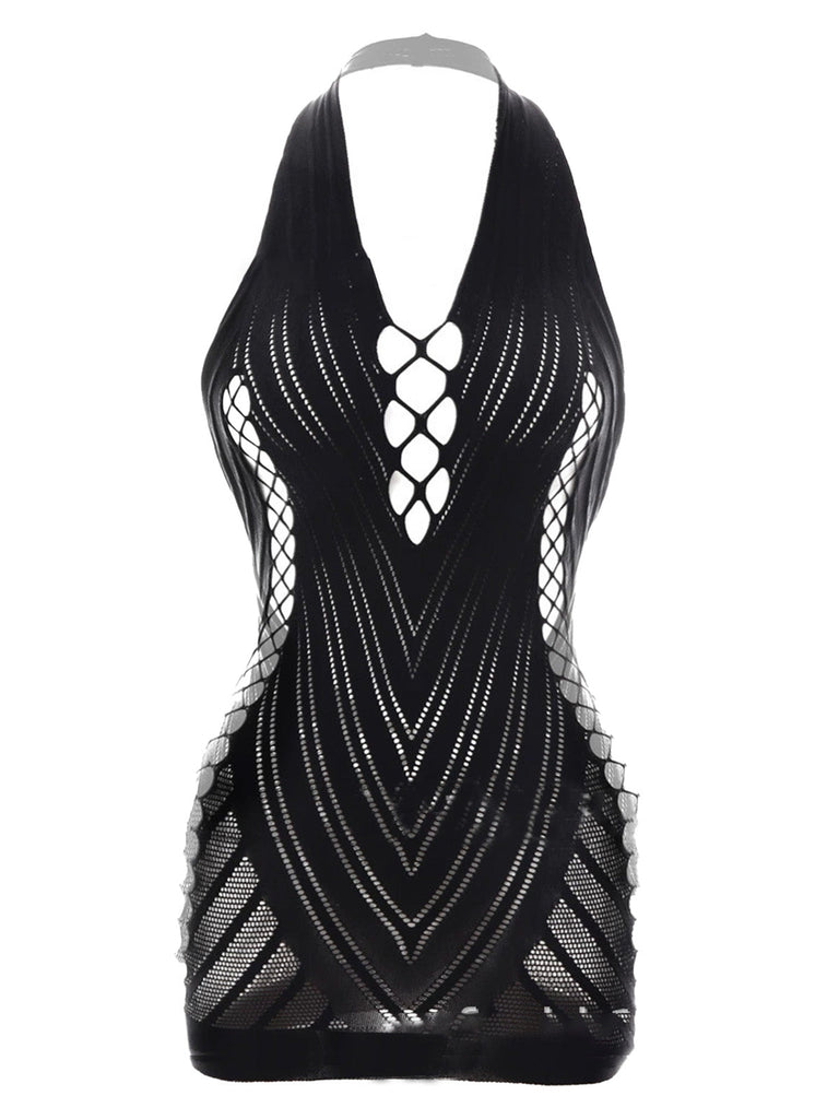 1960s Halter Fishnet Cutout Bodycon Mini Swimsuit Cover-Up - vintage swimsuit, pin-up style