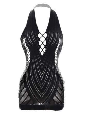 1960s Halter Fishnet Cutout Bodycon Mini Swimsuit Cover-Up - vintage swimsuit, pin-up style