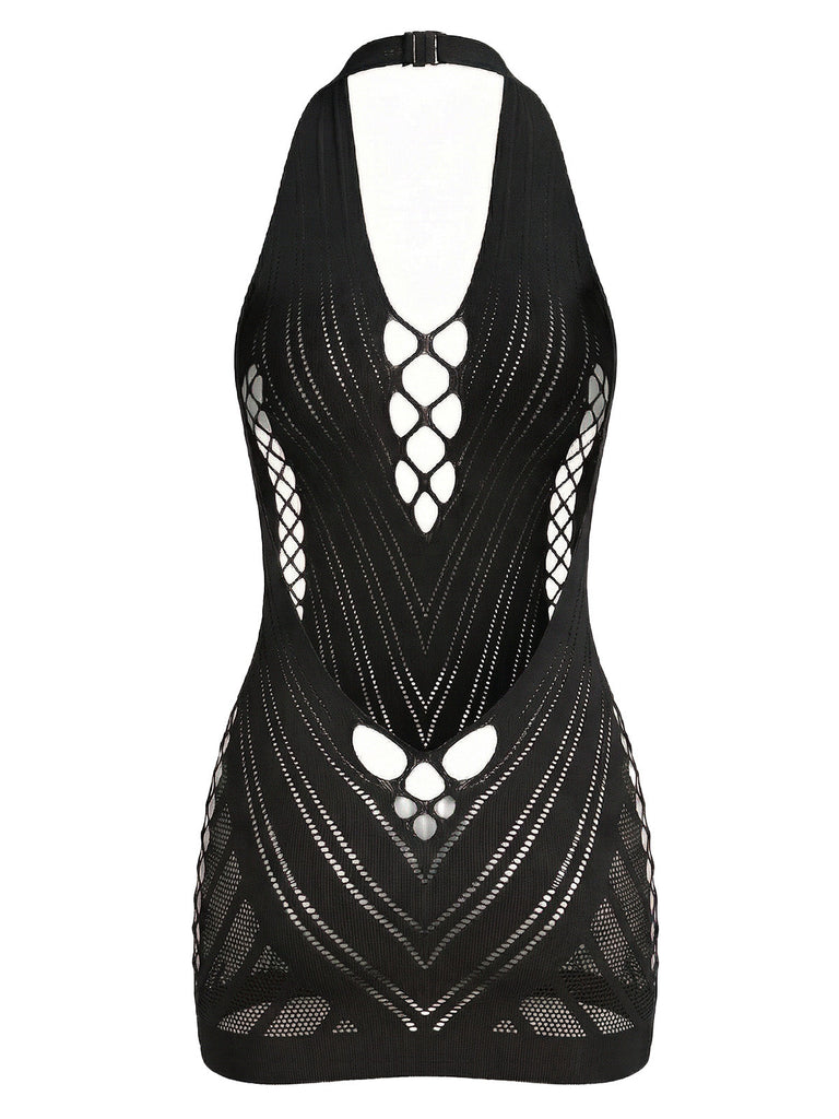 1960s Halter Fishnet Cutout Bodycon Mini Swimsuit Cover-Up - vintage swimsuit, pin-up style