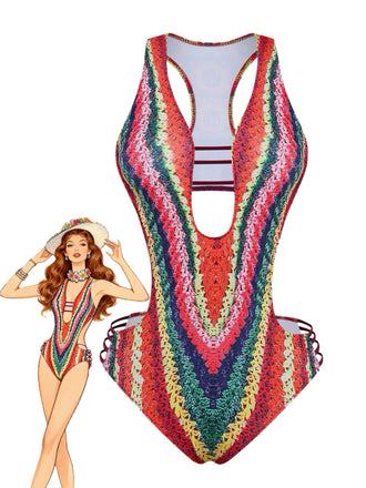 Multicolor 1960s Rainbow Cutout Strappy Faux Crochet Swimsuit - vintage swimsuit, pin-up style