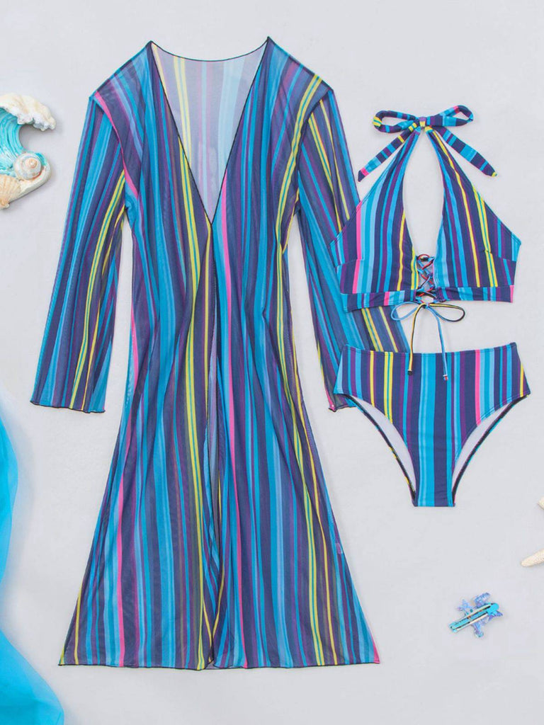 Set Bikini Allacciato a Righe Verticali con Copricostume Anni '60