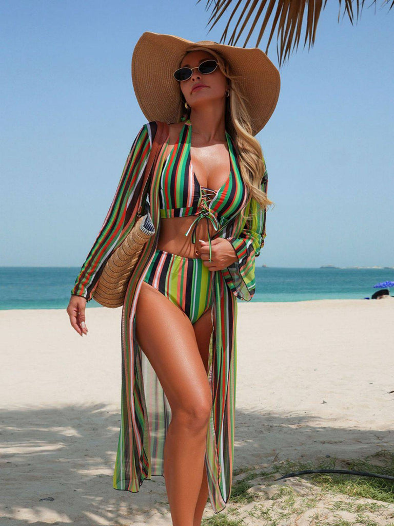Set Bikini Allacciato a Righe Verticali con Copricostume Anni '60