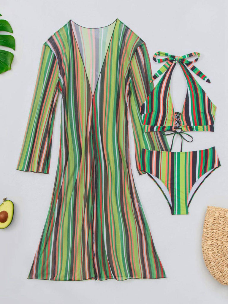 Set Bikini Allacciato a Righe Verticali con Copricostume Anni '60