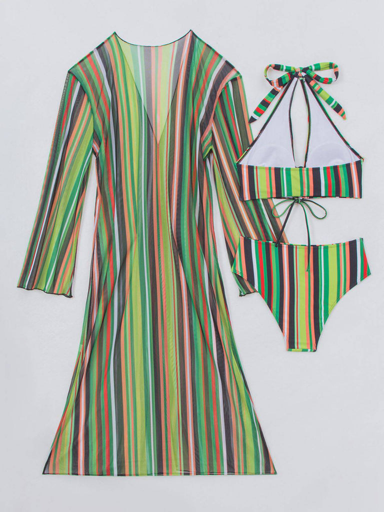 Set Bikini Allacciato a Righe Verticali con Copricostume Anni '60