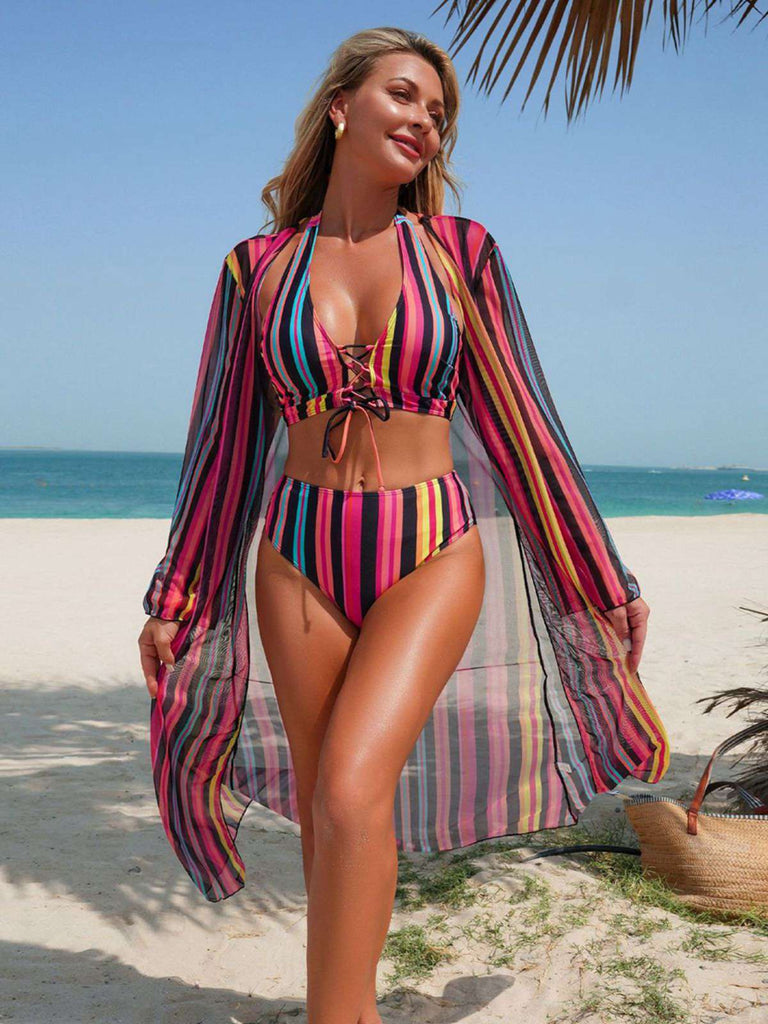 Set Bikini Allacciato a Righe Verticali con Copricostume Anni '60