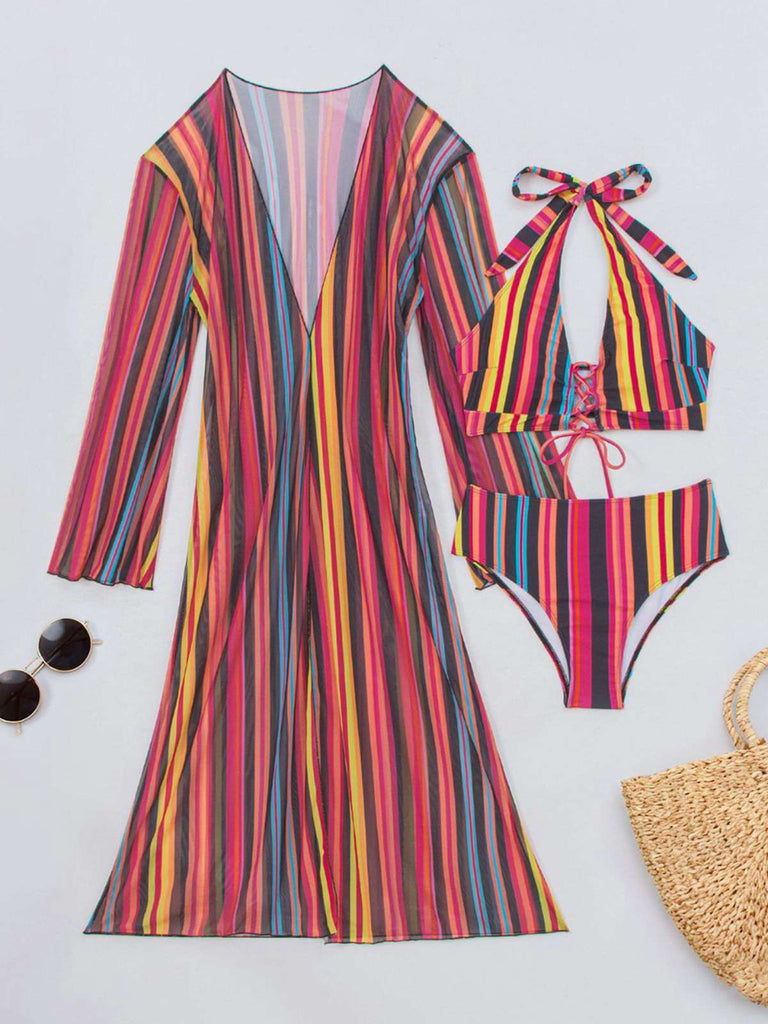 Set Bikini Allacciato a Righe Verticali con Copricostume Anni '60