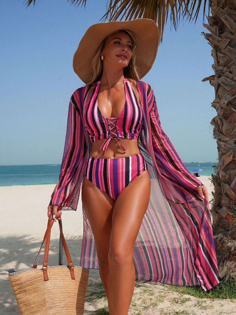 Set Bikini Allacciato a Righe Verticali con Copricostume Anni '60