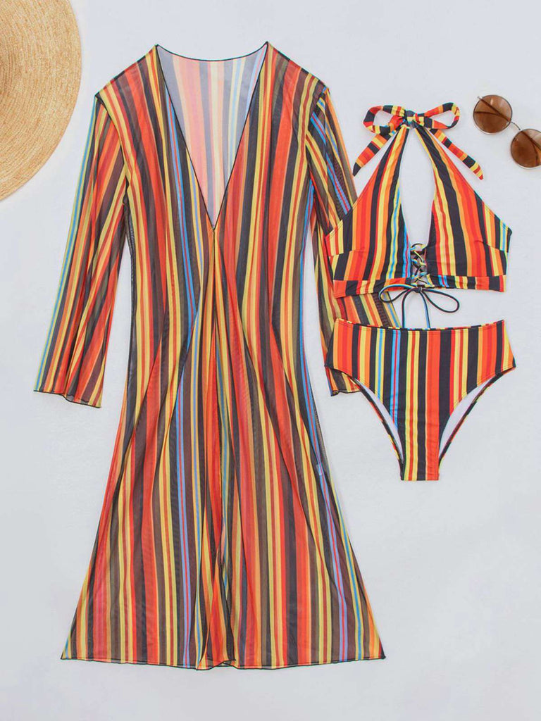 Set Bikini Allacciato a Righe Verticali con Copricostume Anni '60
