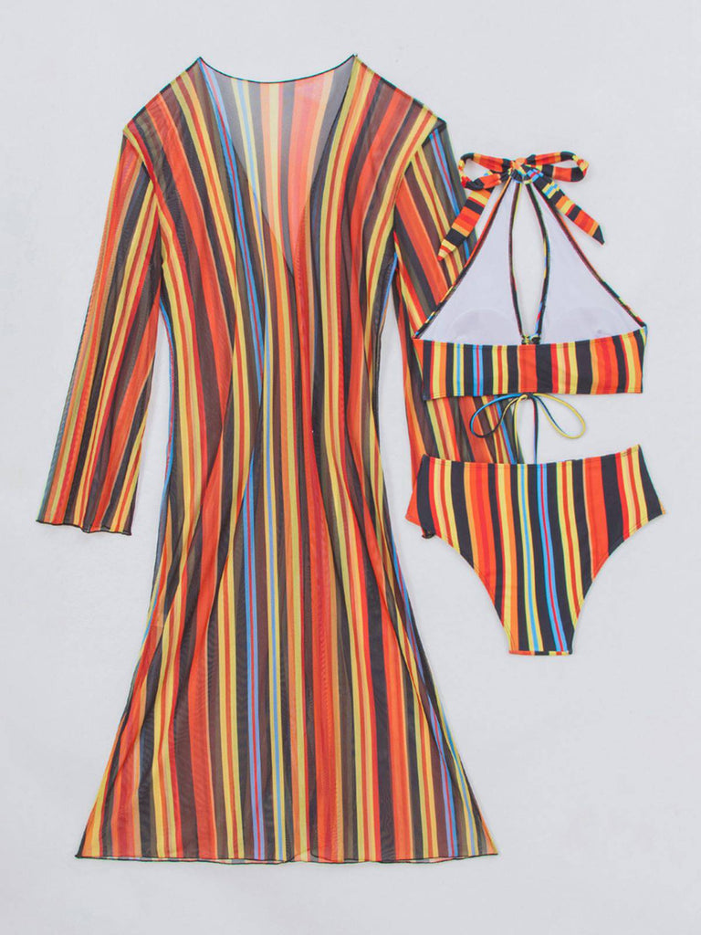 Set Bikini Allacciato a Righe Verticali con Copricostume Anni '60