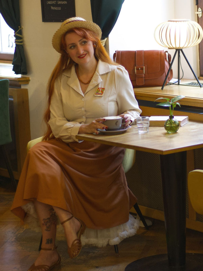 Abito color block con maniche lunghe cachi anni '50