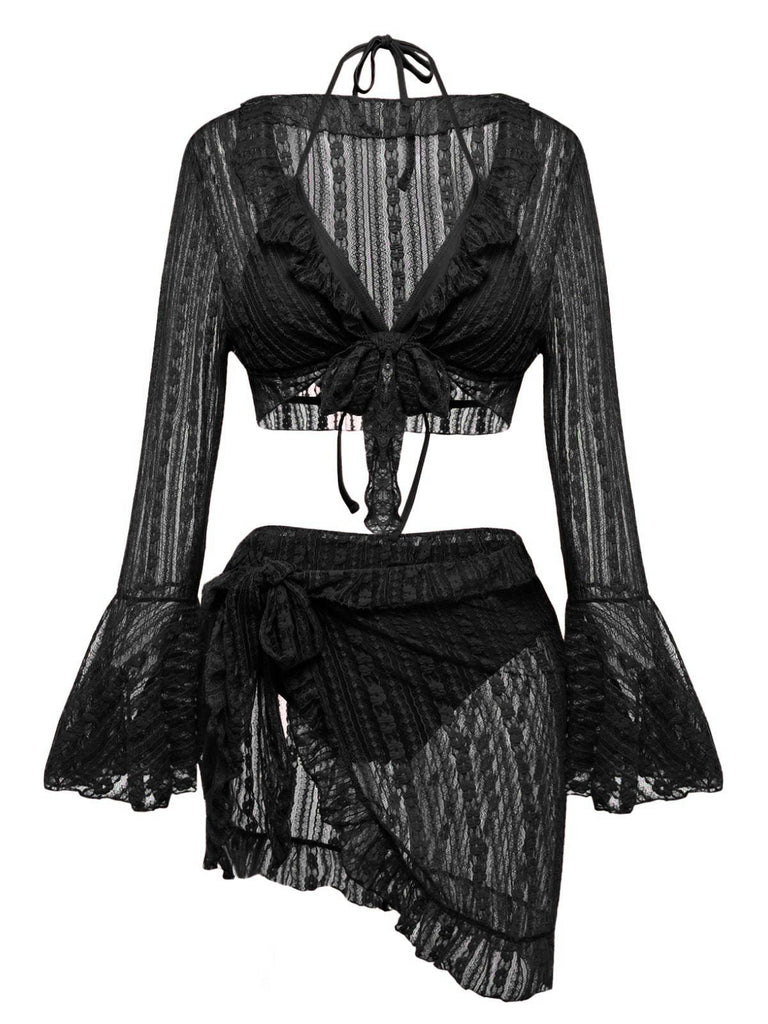 4PCS 1970s Halter Bikini Set & Sheer Bell Sleeve Cover-Up - vintage fashion, retro style