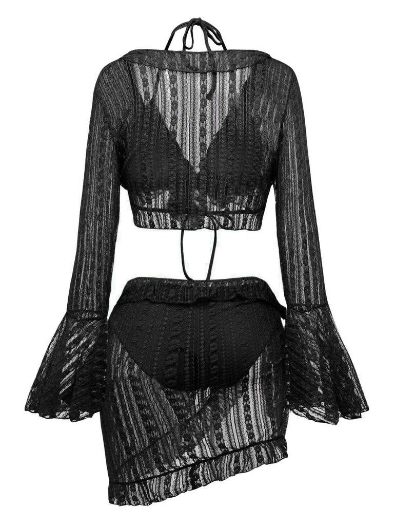 4PCS 1970s Halter Bikini Set & Sheer Bell Sleeve Cover-Up - vintage fashion, retro style
